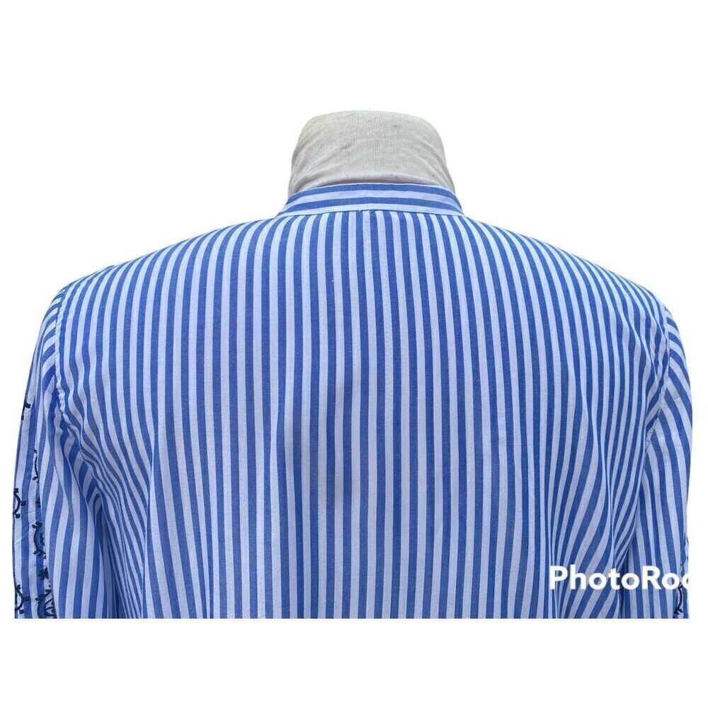 LOFT Blue & White Bell Sleeve Embroidered Top Sz M Boho Tunic Crisp Vacation - Picture 7 of 12